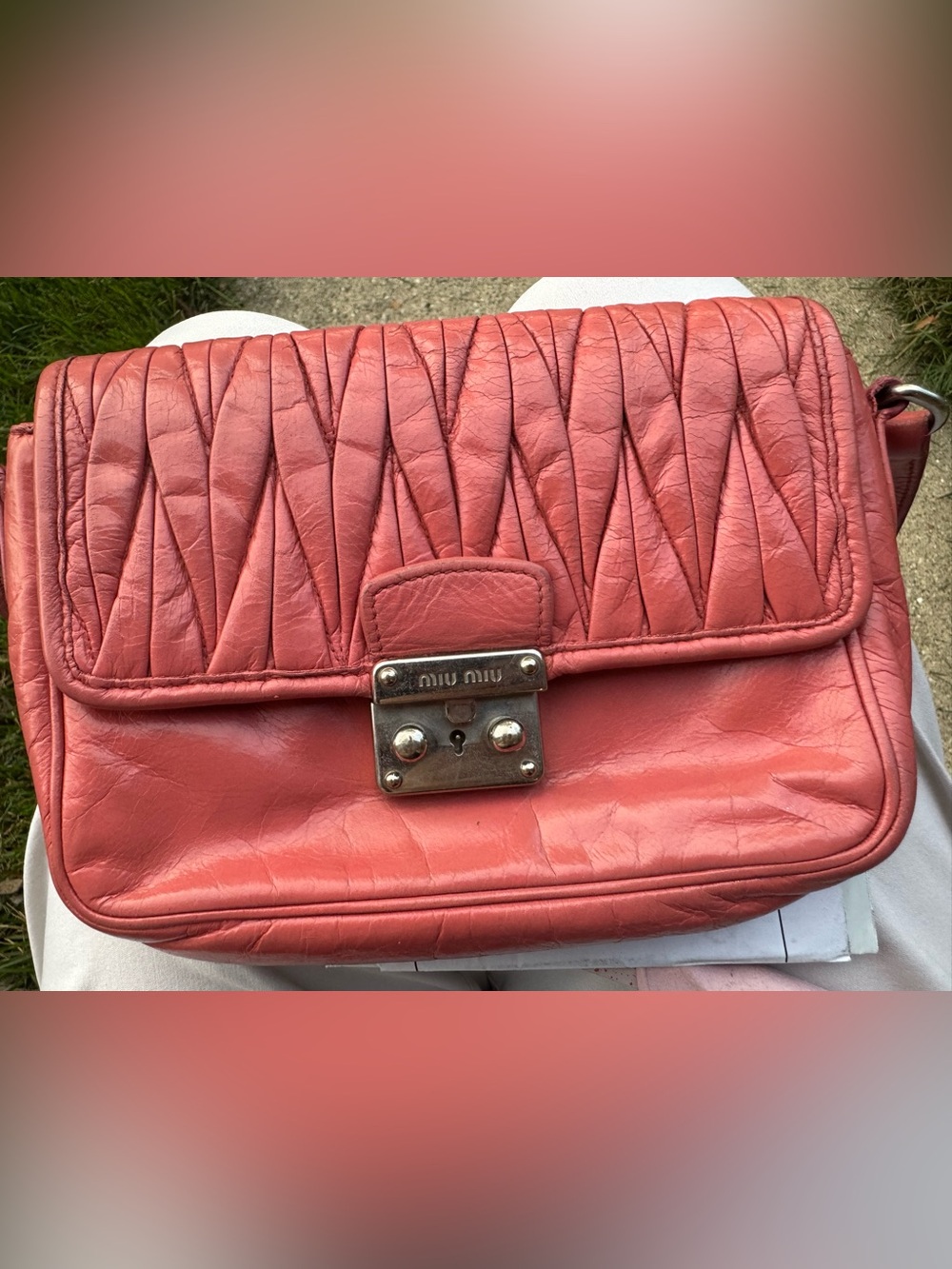Miu Miu Coral Quilted Leather Clutch purse with Metal Push-Lock and strap